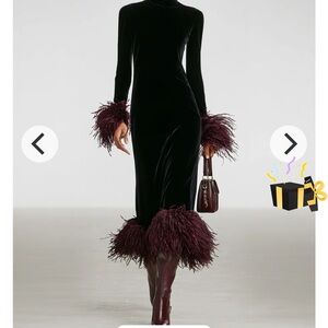 Chic Black Velvet Dress with Ostrich Faux Feather Details